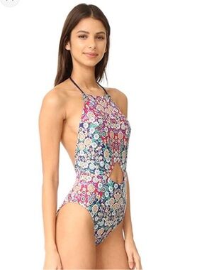 Nanette Lepore Floral Cutout One Piece Swimsuit Halter Tassel Boho Size S